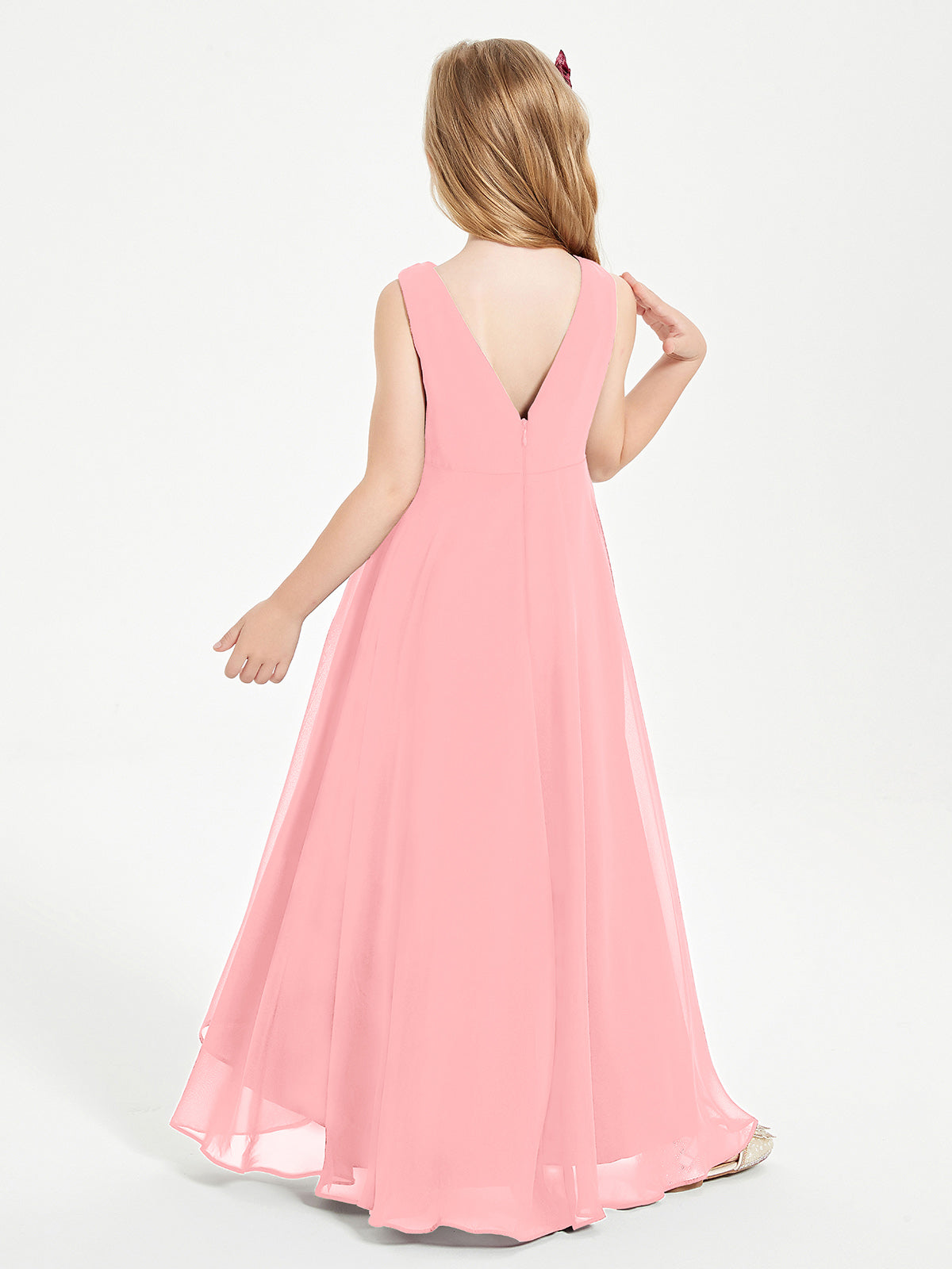Modern Asymmetrical Cowl Neck Junior Bridesmaid Dresses Flamingo